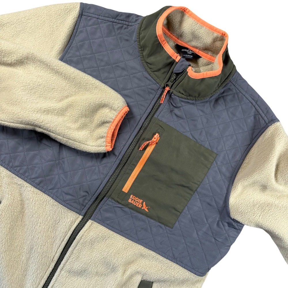 Eddie Bauer Fleece Jacket Kids XL 14/16 Tan Gray Quilted Full Zip Colorblock